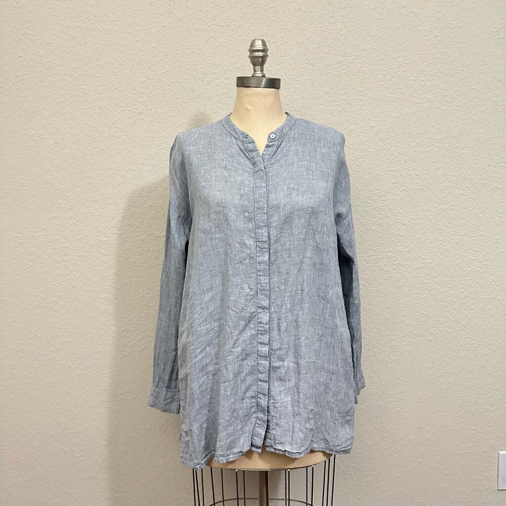 EILEEN FISHER Tunic Shirt Stone Blue Organic Linen Chambray Lagenlook